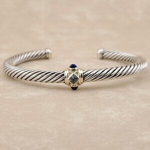David Yurman Cable Bracelet in Sterling Silver  & 14K Gold w Blue Topaz & Lazuli
